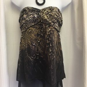 BEBE Strapless Silk Feather Design Top